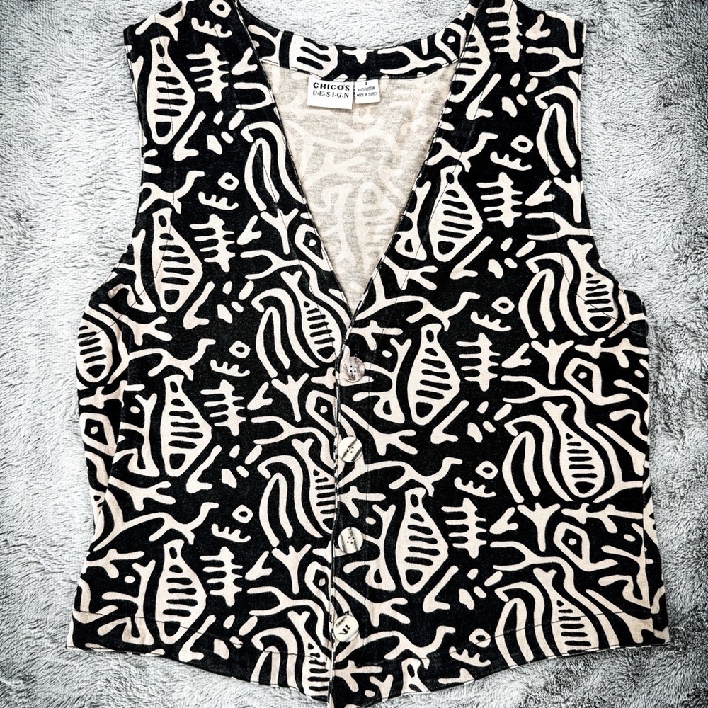 Vintage Chico's Design Fishbone Button Front Vest Women Size 1 100% Cotton